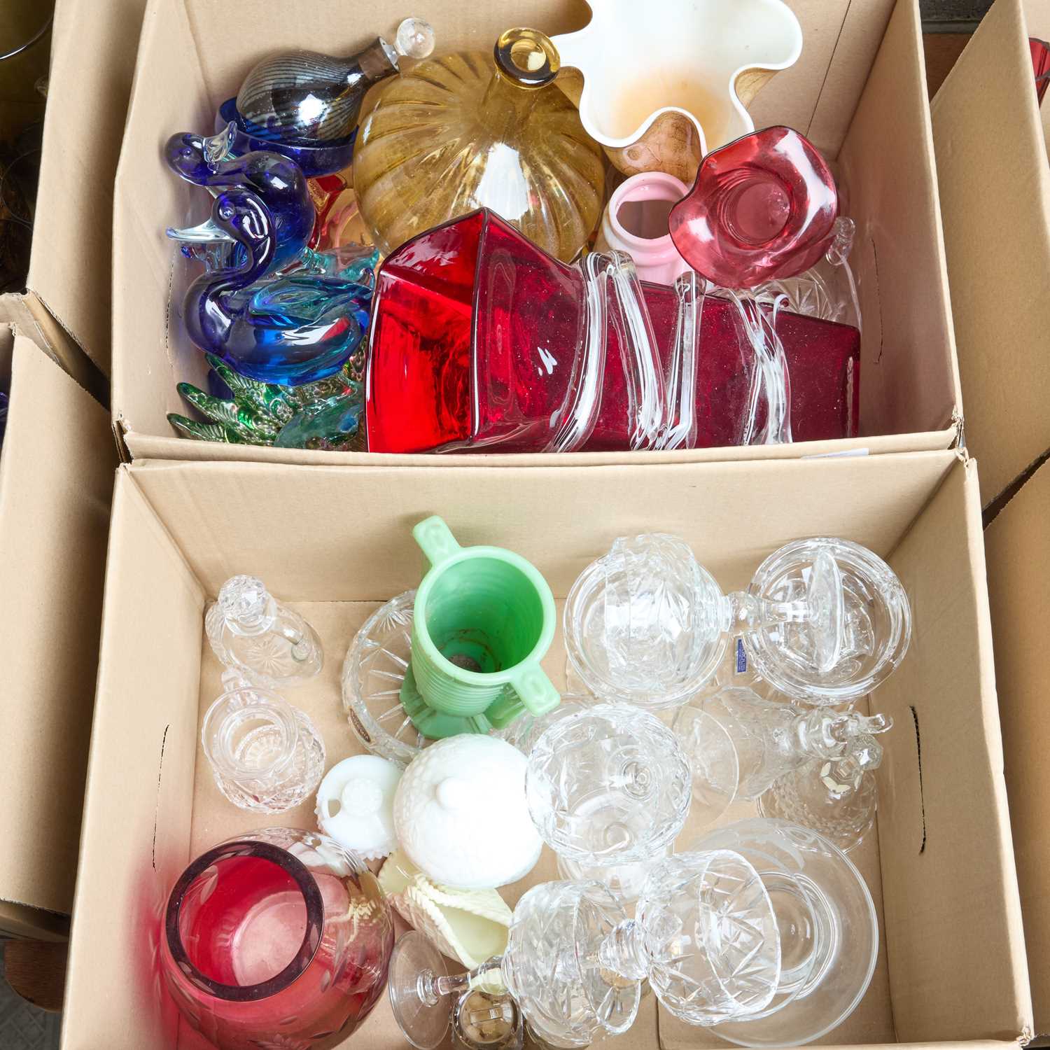 Lot 21 - TWO BOXES OF CLEAR AND COLOURED GLASS