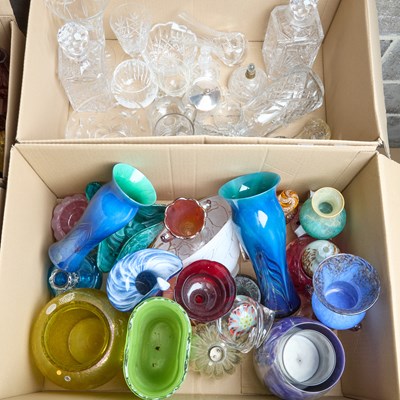 Lot 23 - TWO BOXES OF CLEAR AND COLOURED GLASS
