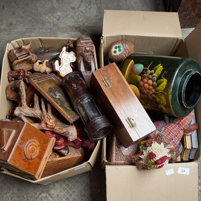 Lot 24 - TWO BOXES OF WOODEN AND OTHER ITEMS