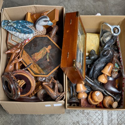 Lot 25 - THREE BOXES OF WOODEN AND OTHER ITEMS