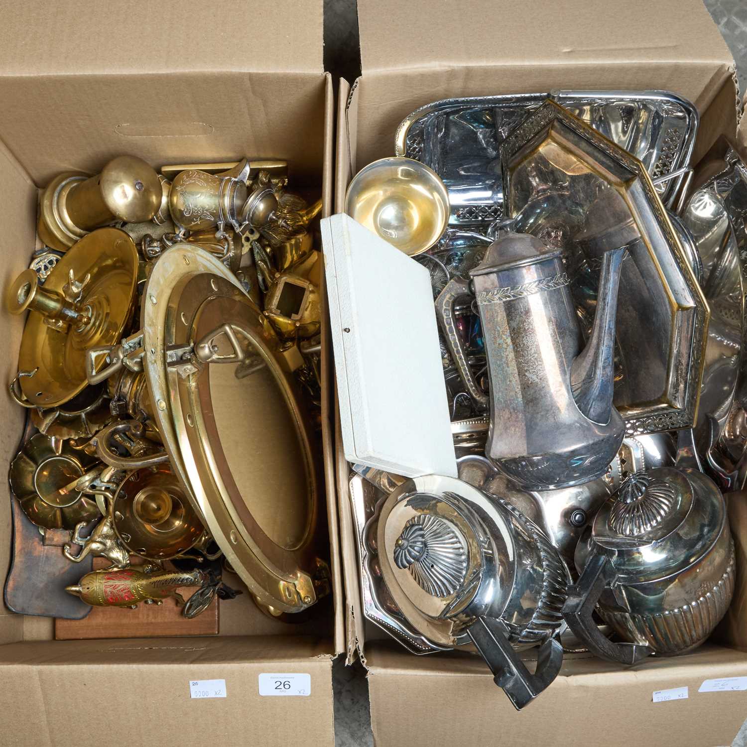 Lot 26 - A BOX OF SILVER-PLATE AND A BOX OF BRASS