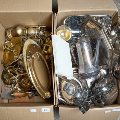 Lot 26 - A BOX OF SILVER-PLATE AND A BOX OF BRASS