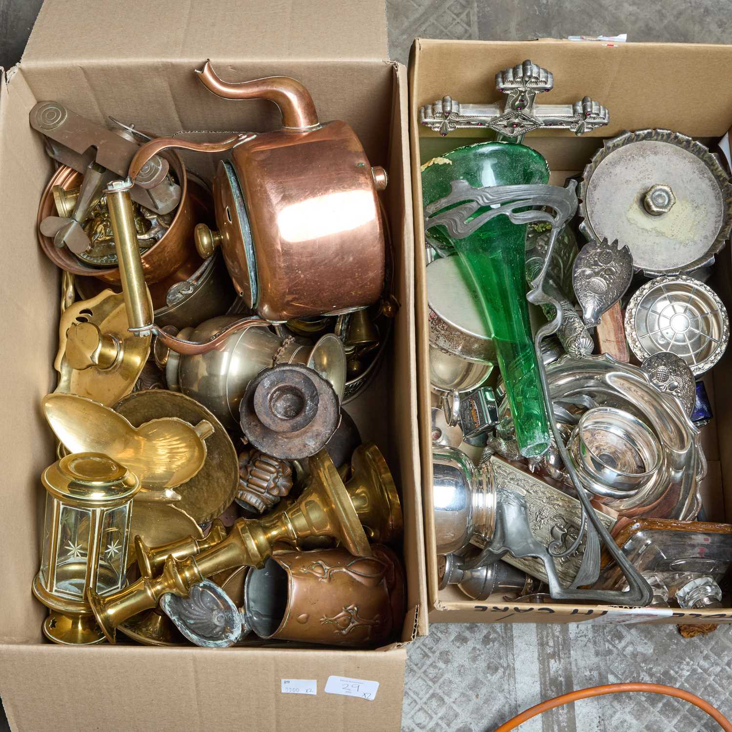 Lot 29 - TWO BOXES OF SILVER-PLATE AND METALWORK