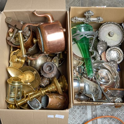 Lot 29 - TWO BOXES OF SILVER-PLATE AND METALWORK