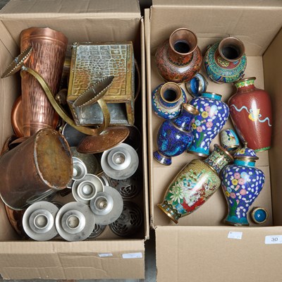 Lot 30 - A BOX OF CLOISONNE ENAMEL AND A BOX OF MISCELLANEOUS METALWORK