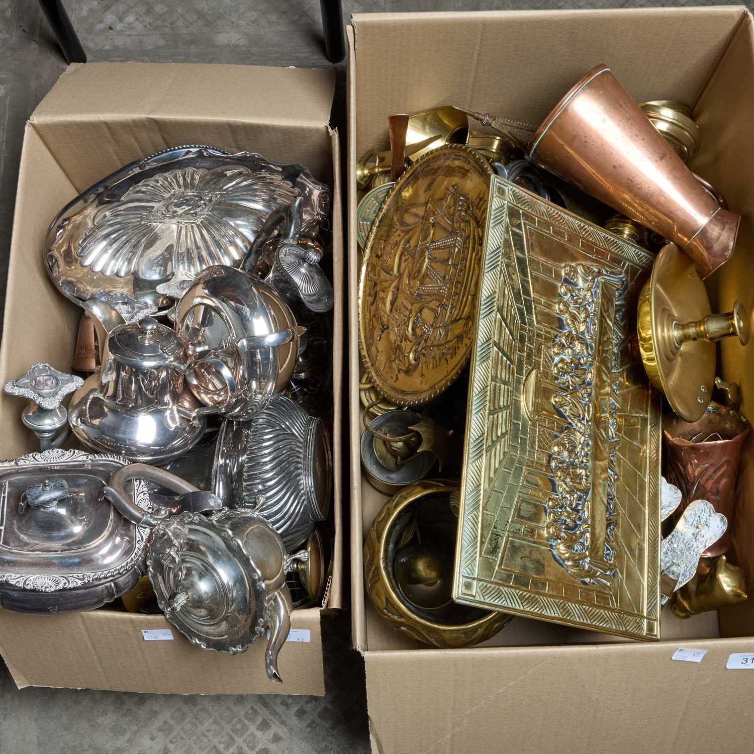 Lot 31 - A BOX OF SILVER-PLATE AND A BOX OF METALWORK