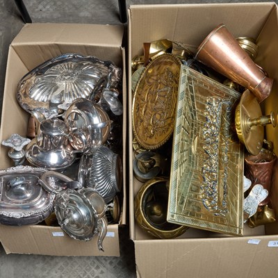 Lot 31 - A BOX OF SILVER-PLATE AND A BOX OF METALWORK