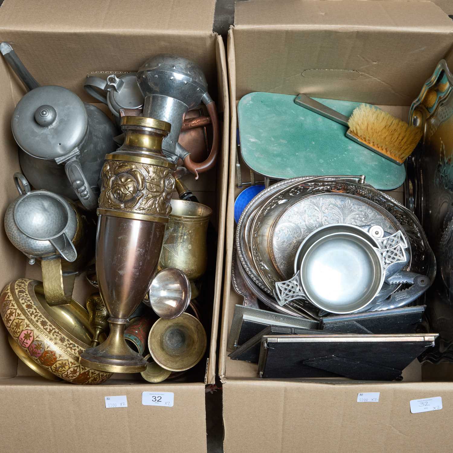 Lot 32 - TWO BOXES OF SILVER-PLATE AND METALWORK