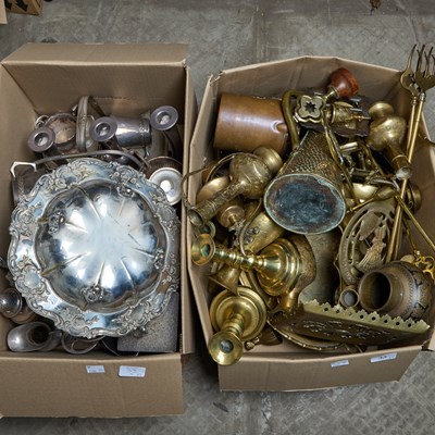 Lot 33 - TWO BOXES OF SILVER-PLATE AND METALWORK