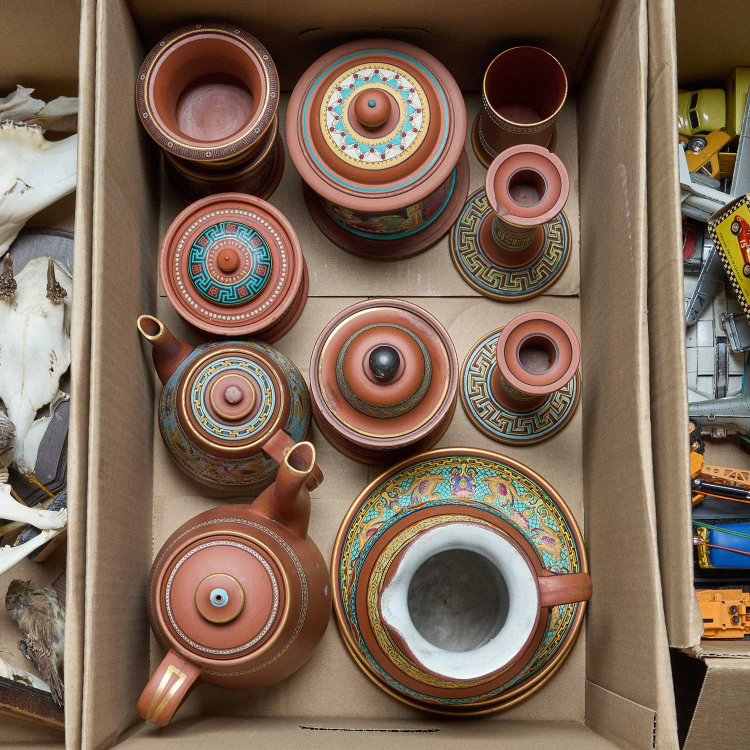 Lot 56 - A BOX OF VICTORIAN ENAMEL PAINTED TERRACOTTA WARES