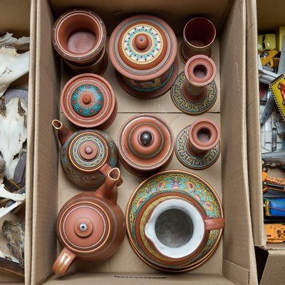 Lot 56 - A BOX OF VICTORIAN ENAMEL PAINTED TERRACOTTA WARES