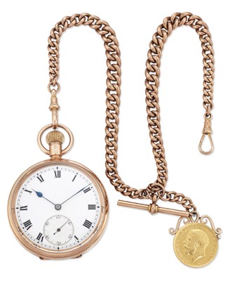 Lot 1518 - A 9 CARAT GOLD POCKET WATCH WITH DOUBLE ALBERT CHAIN