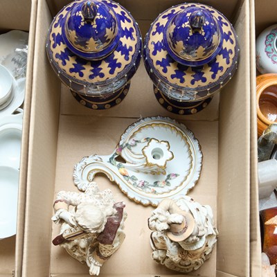 Lot 118 - A PAIR OF CONTINENTAL BLUE-GROUND VASES AND COVERS