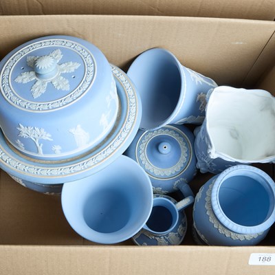 Lot 188 - A BOX OF WEDGWOOD BLUE JASPERWARE AND BISQUE PORCELAIN