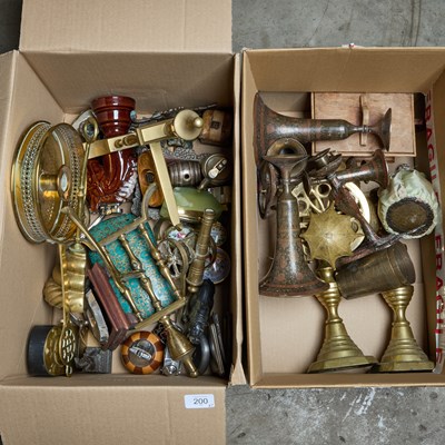 Lot 200 - TWO BOXES OF BRASS AND OTHER METALWORK