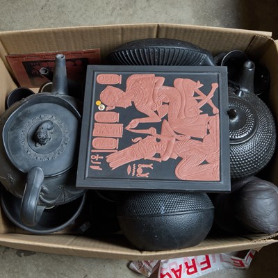 Lot 208 - A BOX OF WEDGWOOD BLACK JAPSPERWARE, ETC.