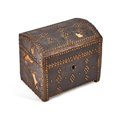Lot 335 - A 19TH CENTURY LEATHER-COVERED AND BRASS-STUDDED DOME-TOP CASKET