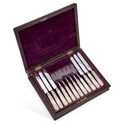 Lot A 19TH CENTURY SILVER AND MOTHER-OF-PEARL DESSERT SERVICE