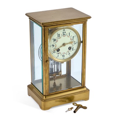 Lot 296 - A BRASS-CASED FOUR-GLASS MANTEL CLOCK