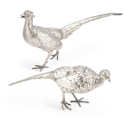 Lot A PAIR OF BELGIAN SILVER TABLE MODELS OF PHEASANTS