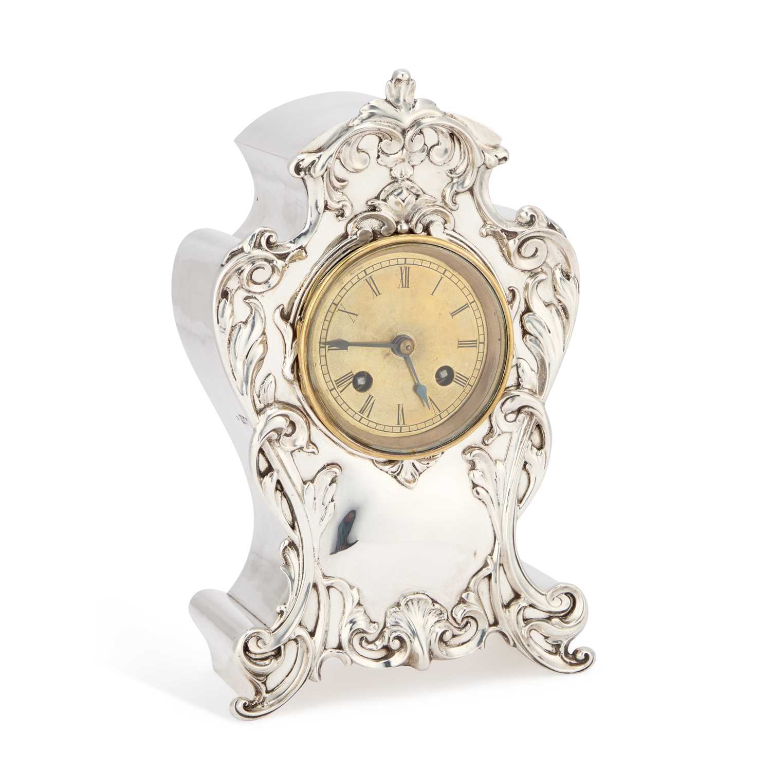 Lot 448 - A LARGE EDWARDIAN SILVER MANTEL CLOCK