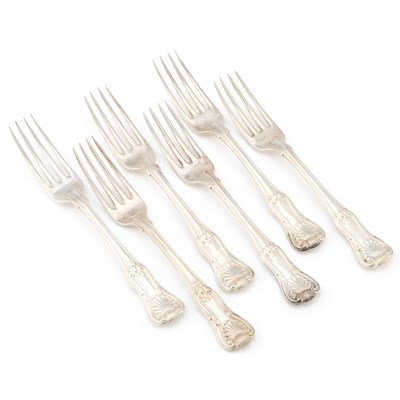 Lot A SET OF SIX GEORGE III SILVER TABLE FORKS