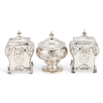 Lot AN EARLY GEORGE III SILVER TEA CADDY SET