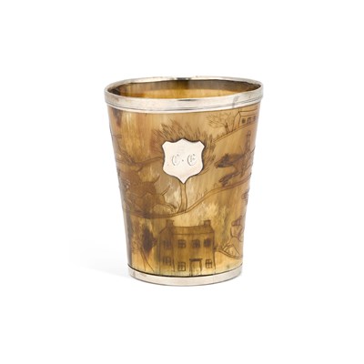 Lot A FOLK ART HORN BEAKER WITH SILVER MOUNTS