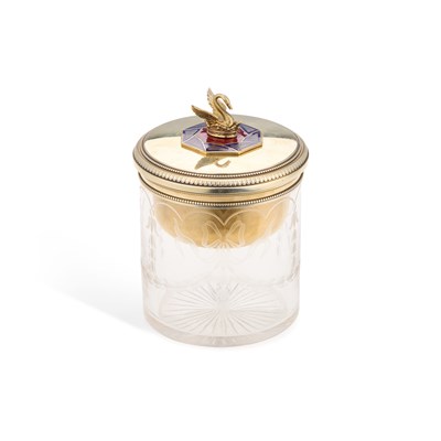 Lot A FINE RUSSIAN SILVER-GILT, ENAMEL AND ENGRAVED GLASS POWDER JAR