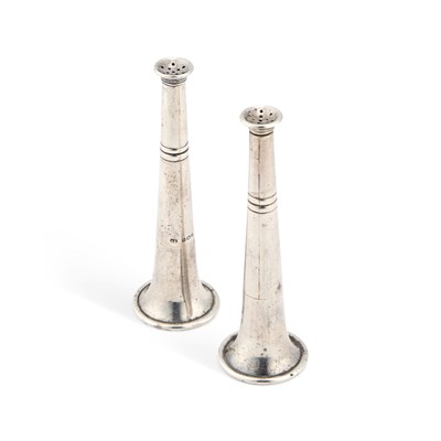 Lot A PAIR OF EDWARDIAN SILVER NOVELTY PEPPER POTS