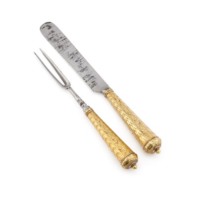 Lot A CHARLES II SILVER-GILT KNIFE AND TWO-PRONG FORK