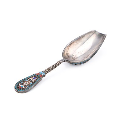 Lot A RUSSIAN SILVER AND CLOISONNÉ ENAMEL CADDY SPOON