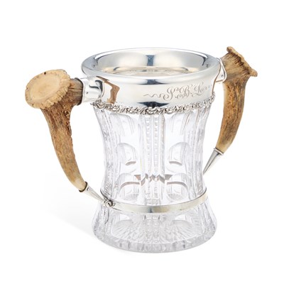 Lot A LARGE AMERICAN STERLING SILVER, CUT-GLASS AND ANTLER-HANDLED LOVING CUP
