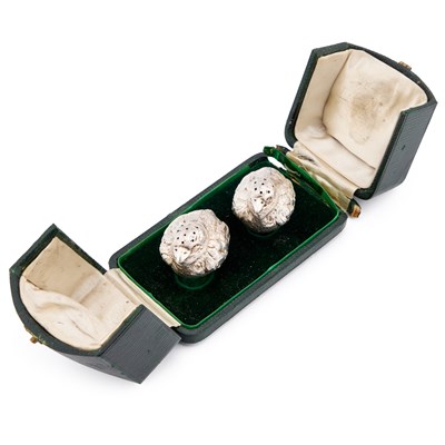 Lot A PAIR OF EDWARDIAN SILVER NOVELTY PEPPER POTS