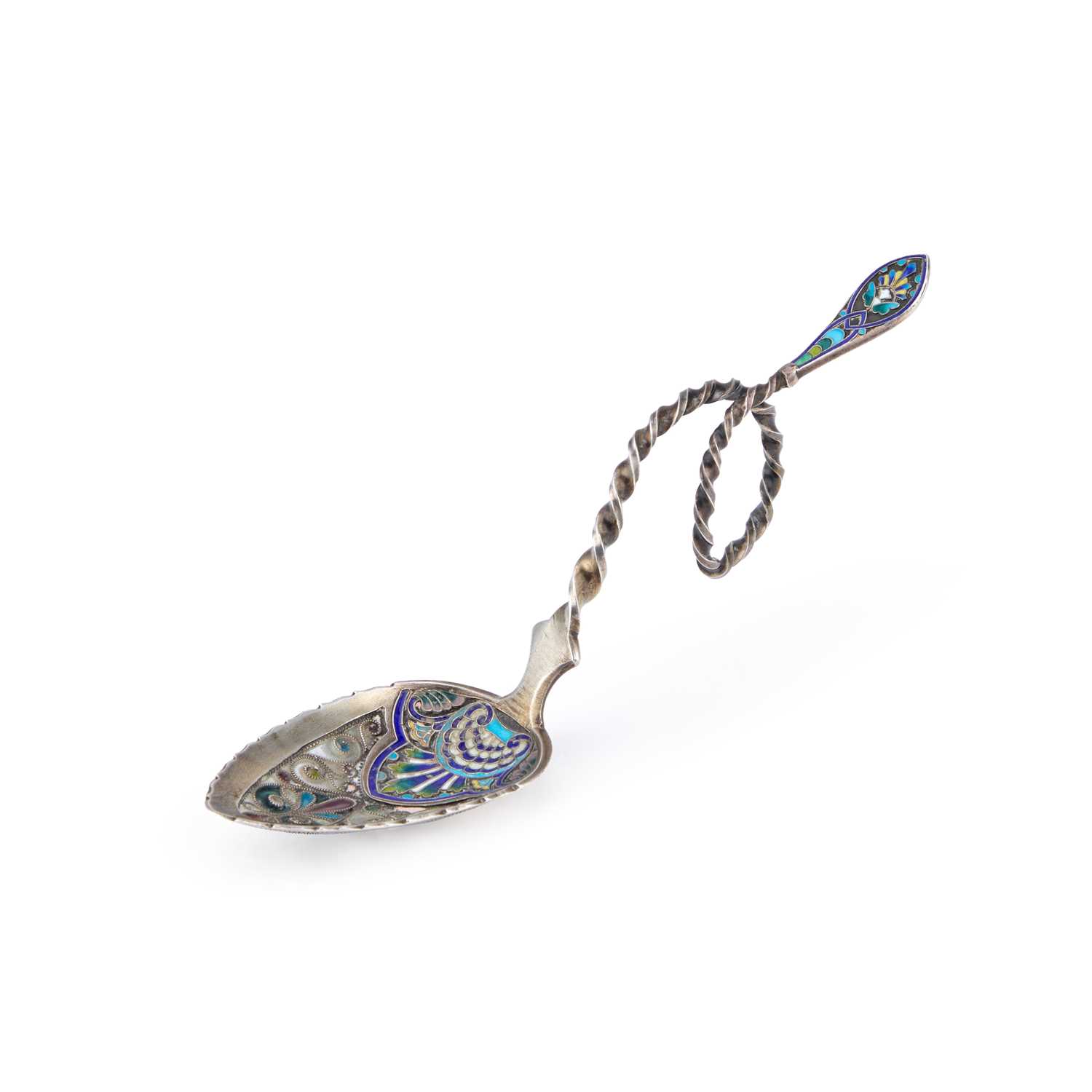 Lot 307 - A NORWEGIAN SILVER AND PLIQUE-À-JOUR ENAMEL SPOON