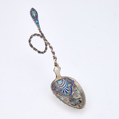 Lot 307 - A NORWEGIAN SILVER AND PLIQUE-À-JOUR ENAMEL SPOON
