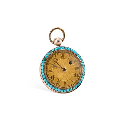 Lot 221 - AN 18K GOLD TURQUOISE SET POCKET WATCH
