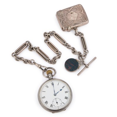 Lot 216 - A SILVER OPEN FACED POCKET WATCH WITH CHAIN AND VESTA CASE