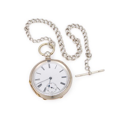 Lot 610 - A SILVER POCKET WATCH AND CHAIN