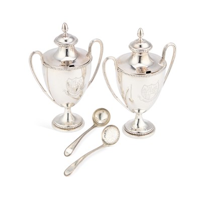 Lot A PAIR OF GEORGE III SILVER CONDIMENT VASES