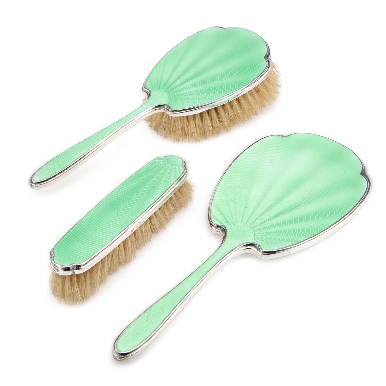Lot AN ART DECO SILVER AND GREEN ENAMEL DRESSING TABLE SET