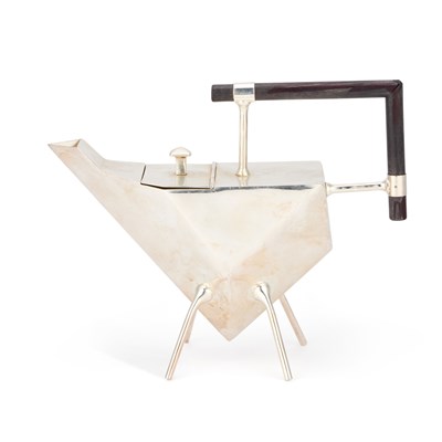 Lot A SILVER-PLATED TEAPOT IN THE STYLE OF CHRISTOPHER DRESSER