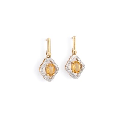Lot 699 - A PAIR OF 9 CARAT GOLD CITRINE AND DIAMOND DROP EARRINGS