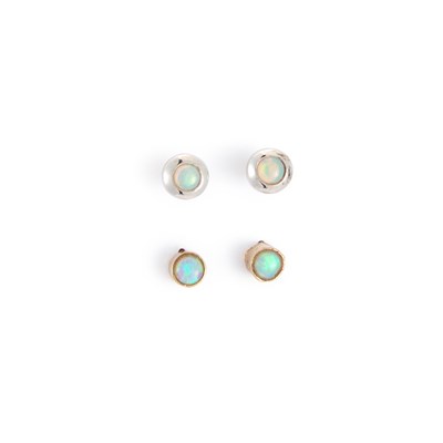 Lot 647 - A PAIR OF 9 CARAT WHITE GOLD OPAL EARRINGS