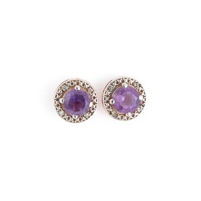 Lot 646 - A PAIR OF 9 CARAT GOLD AMETHYST AND DIAMOND EARRINGS