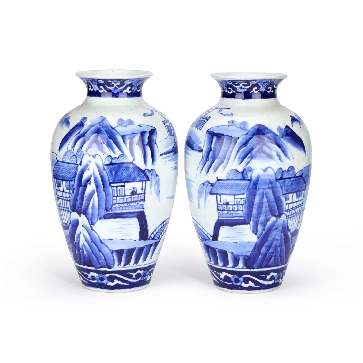 Lot A LARGE PAIR OF JAPANESE BLUE AND WHITE PORCELAIN VASES