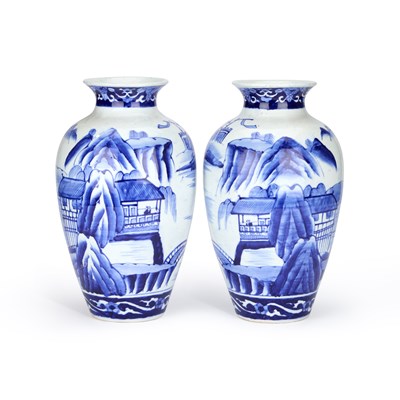 Lot A LARGE PAIR OF JAPANESE BLUE AND WHITE PORCELAIN VASES