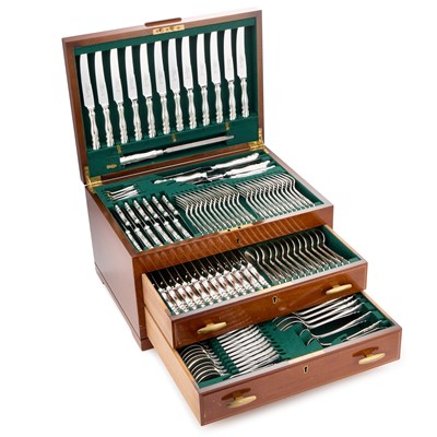 Lot A WALNUT-CASED SILVER-PLATED EXTENSIVE TABLE SERVICE OF FLATWARE