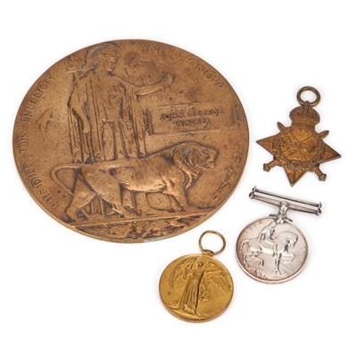 Lot A FIRST WORLD WAR CASUALTY GROUP DEATH PLAQUE AND MEDAL TRIO