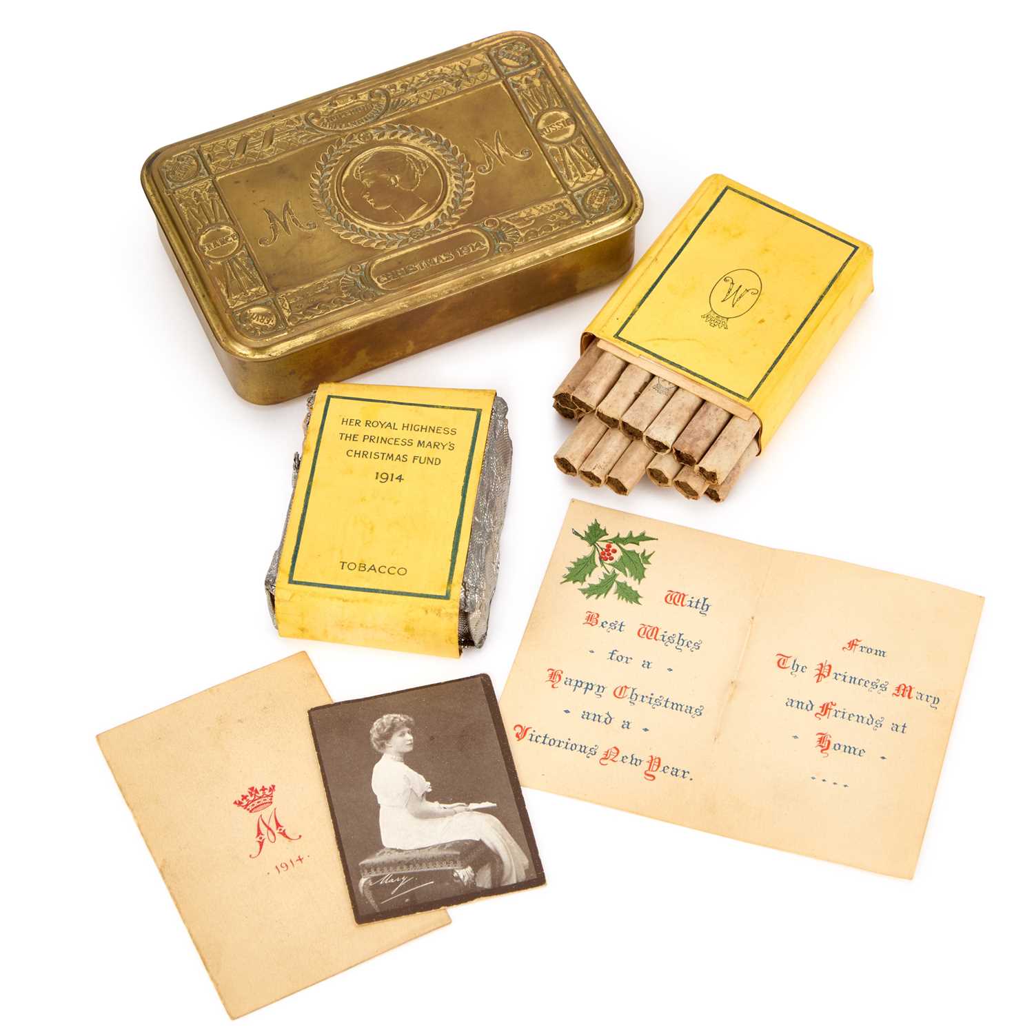 Lot 6 - A FIRST WORLD WAR PRINCESS MARY CHRISTMAS 1914 TIN WITH CONTENTS